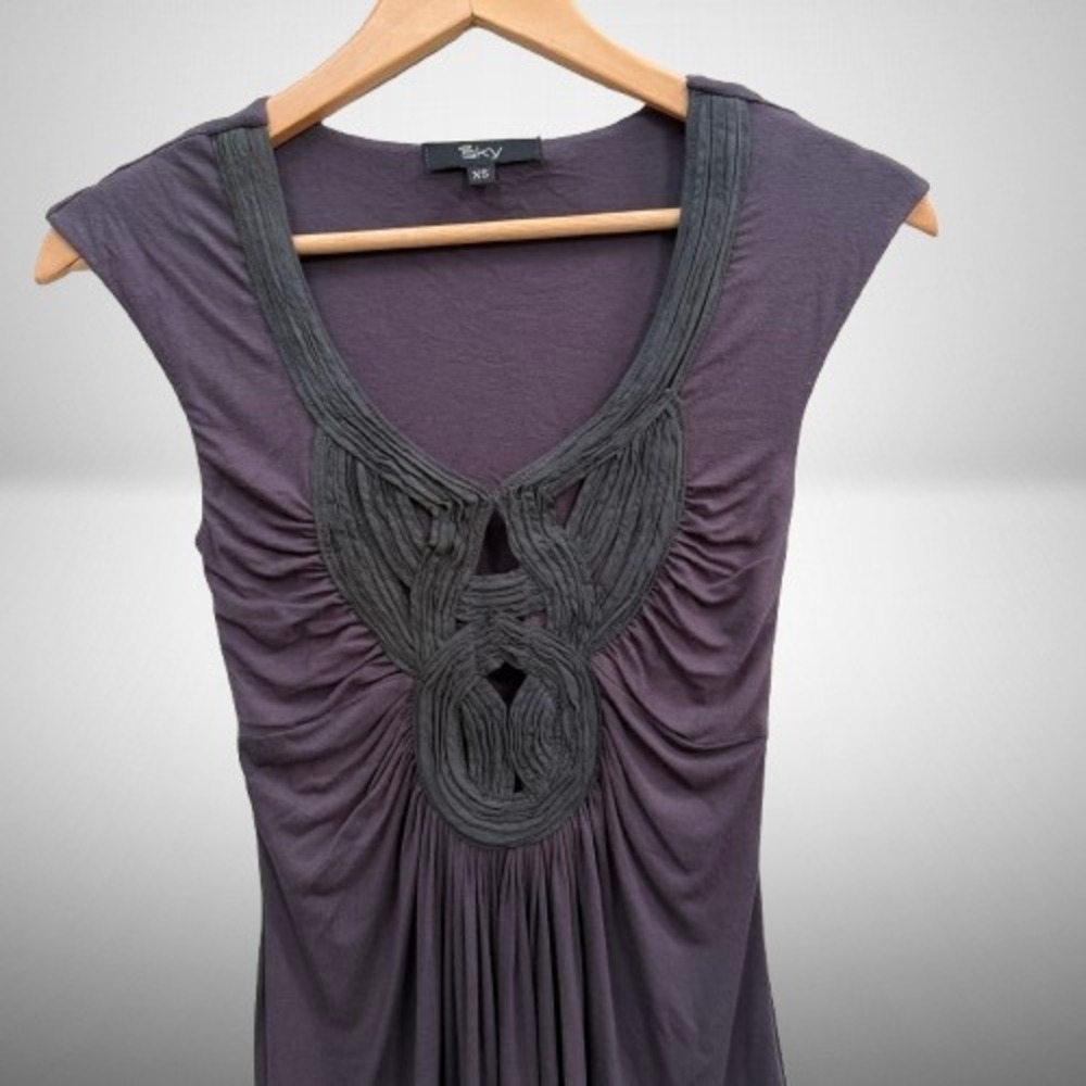 NEW Sky High Low Dress Intricate Neckline Sleeveless Grey Eggplant XS